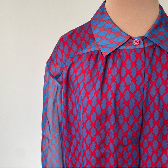 Jason Wu Miss Wu Blue Red Multi Silk Sheer Panel Long Sleeve Button Down Top 12 - Picture 5 of 9